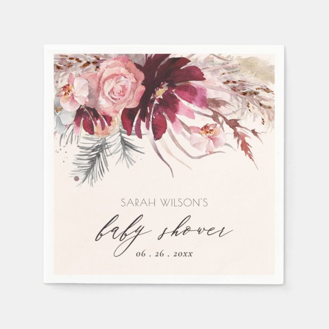 Burgundy Blush Floral Pampas Grass Baby Shower Napkins (Front)