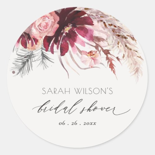 Burgundy Blush Floral Pampas Grass Bridal Shower Classic Round Sticker