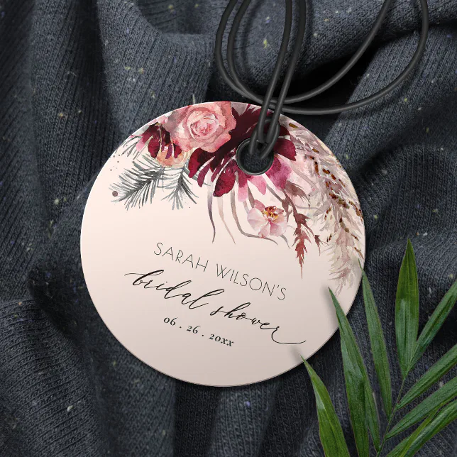 Burgundy Blush Floral Pampas Grass Bridal Shower Favor Tags | Zazzle