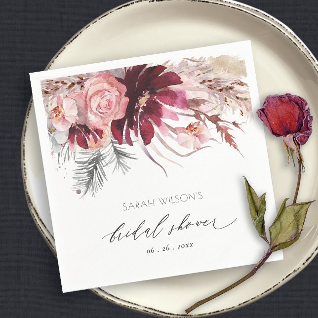 Burgundy Blush Floral Pampas Grass Bridal Shower N Napkins (Creator Uploaded)