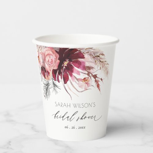 Burgundy Blush Floral Pampas Grass Bridal Shower Paper Cups