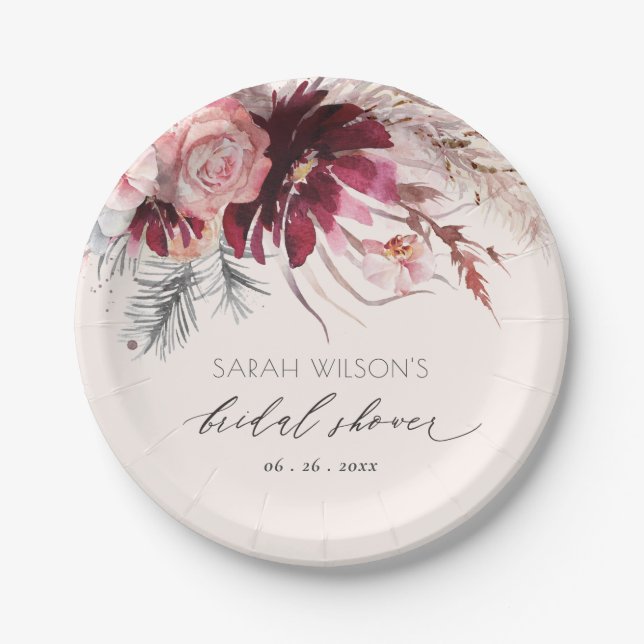 Burgundy Blush Floral Pampas Grass Bridal Shower Paper Plates (Front)