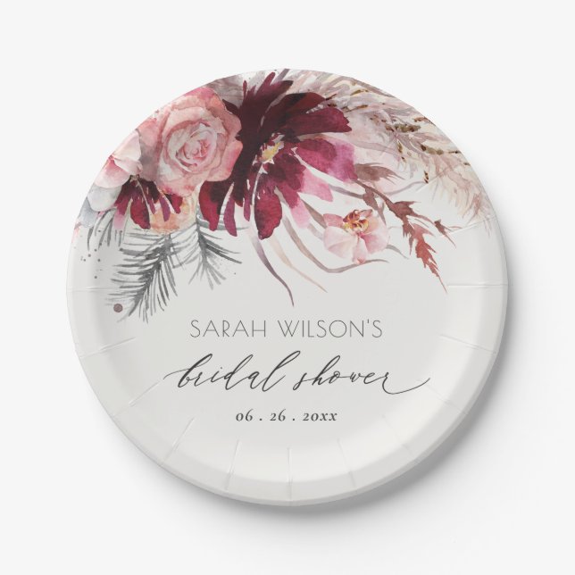 Burgundy Blush Floral Pampas Grass Bridal Shower Paper Plates (Front)