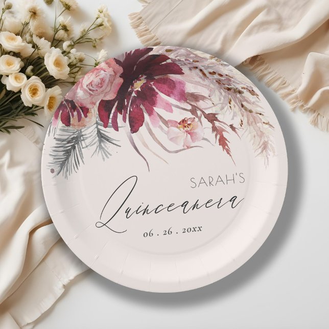 Burgundy Blush Floral Pampas Grass Quinceanera Paper Plates (Creator Uploaded)