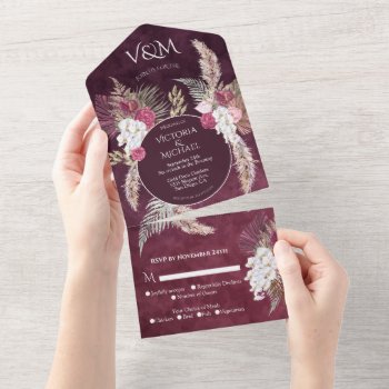 Burgundy Blush Floral Pampas Grass Wedding All In One Invitation by McBooboo at Zazzle