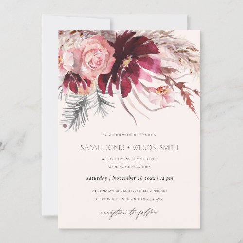 Burgundy Blush Floral Pampas Grass Wedding Invite