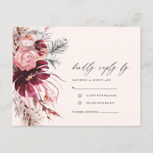 Burgundy Blush Floral Pampas Grass Wedding RSVP Enclosure Card