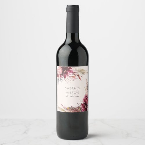 Burgundy Blush Floral Pampas Grass Wedding Wine Label