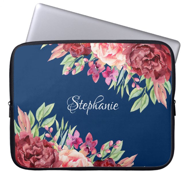 Burgundy Blush Floral Personalized Name Navy Blue Laptop Sleeve (Front)