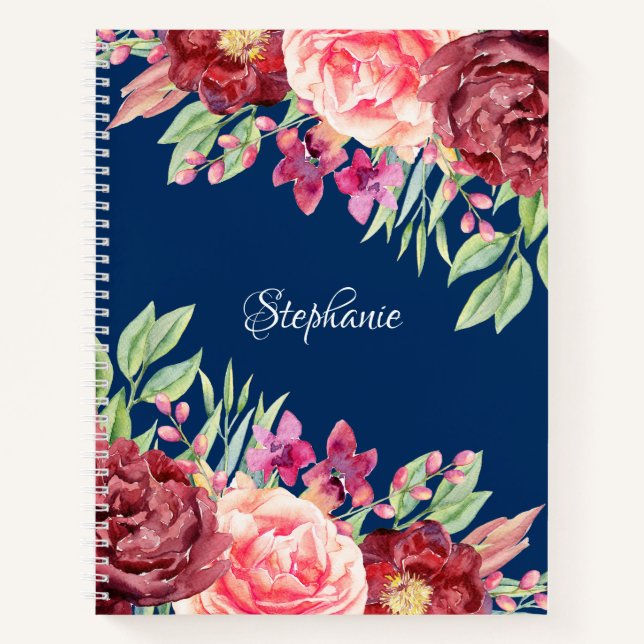 Burgundy Blush Floral Personalized Name Navy Blue Notebook (Front)