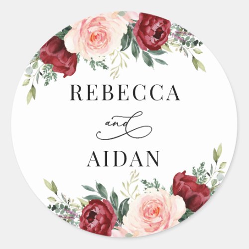 Burgundy Blush Floral Personalized Wedding Classic Classic Round Sticker