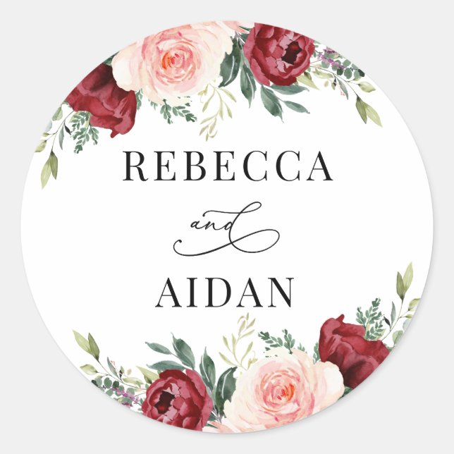 Burgundy Blush Floral Personalized Wedding Classic Classic Round Sticker (Front)
