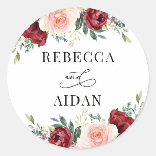 Burgundy Blush Floral Personalized Wedding Classic Round Sticker