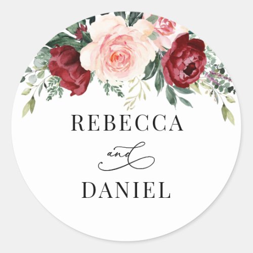 Burgundy Blush Floral Personalized Wedding Classic Round Sticker