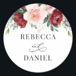 Burgundy Blush Floral Personalized Wedding Classic Round Sticker<br><div class="desc">Designed to coordinate with our Boho Greenery wedding collection,  this customizable Sticker,  features a watercolor burgundy and blush floral arrangement with calligraphy graphic text,  paired with a classy serif in black. Matching items available.</div>
