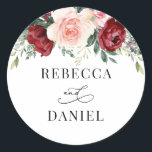 Burgundy Blush Floral Personalized Wedding Classic Round Sticker<br><div class="desc">Designed to coordinate with our Boho Greenery wedding collection,  this customizable Sticker,  features a watercolor burgundy and blush floral arrangement with calligraphy graphic text,  paired with a classy serif in black. Matching items available.</div>