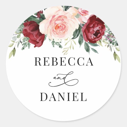 Burgundy Blush Floral Personalized Wedding Classic Round Sticker