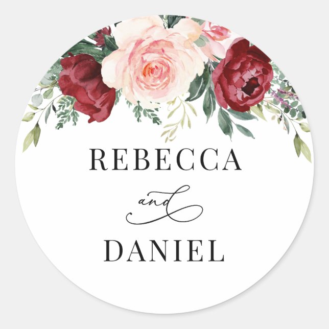 Burgundy Blush Floral Personalized Wedding Classic Round Sticker (Front)