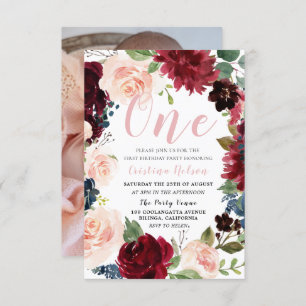 Burgundy Blush Floral Photo 1st Birthday Party Invitation