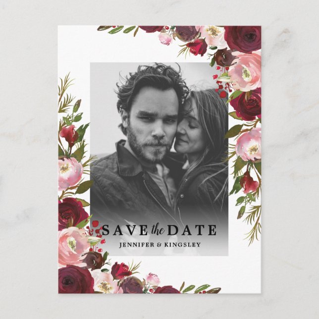 Burgundy Blush Floral Photo Save the Date Announcement Postcard (Front)