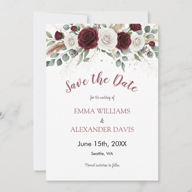 Burgundy Blush Floral Photo Save the Date Card  (Front)