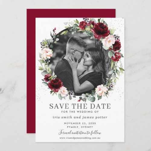Burgundy Blush Floral Photo Save the Date Card
