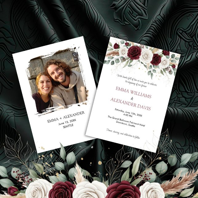 Burgundy Blush Floral Photo Wedding Invitation  (Burgundy Blush Floral Wedding Invitation)