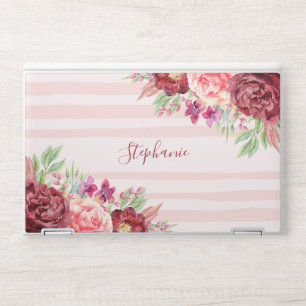 Burgundy Blush Floral Pink Stripes Personalized HP Laptop Skin