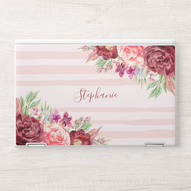 Burgundy Blush Floral Pink Stripes Personalized HP Laptop Skin (Front)