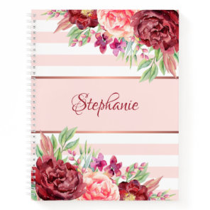 Burgundy Blush Floral Pink Stripes Personalized Notebook