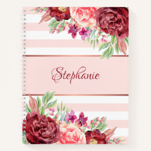 Burgundy Blush Floral Pink Stripes Personalized Notebook