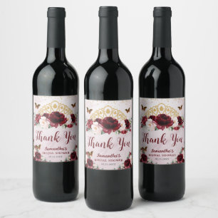 Burgundy Blush Floral Princess Crown Bridal Shower Wine Label