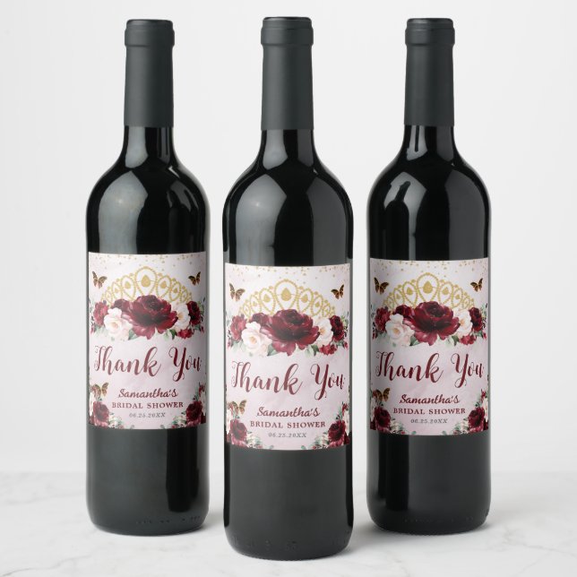 Burgundy Blush Floral Princess Crown Bridal Shower Wine Label (Bottles)