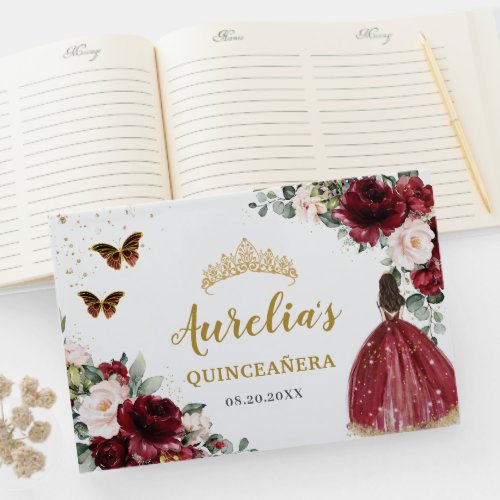 Burgundy Blush Floral Princess Gold Quinceaera Guest Book