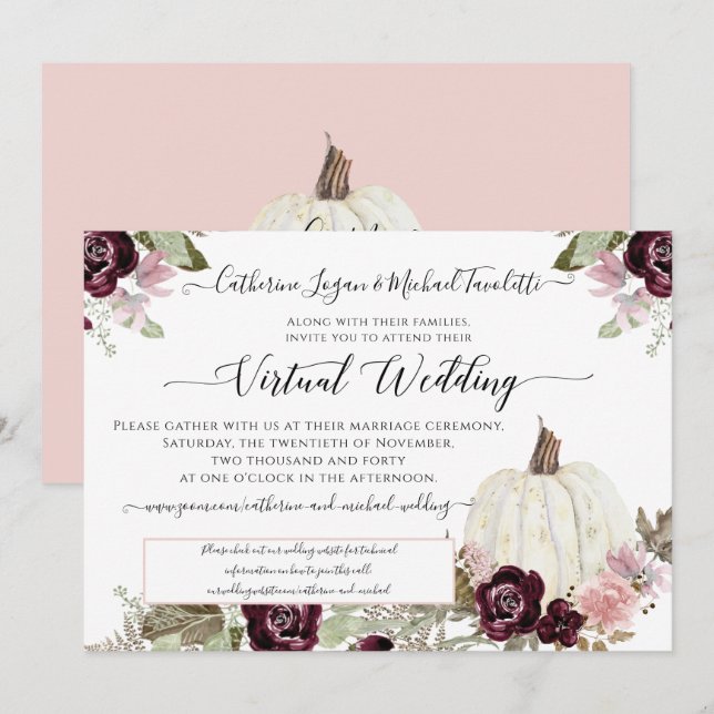 Burgundy Blush Floral Pumpkin Virtual Wedding Invitation (Front/Back)