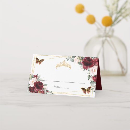 Burgundy Blush Floral Quinceaera 16th Birthday Place Card