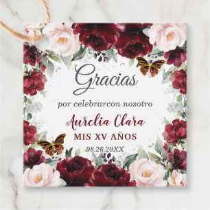 Burgundy Blush Floral Quinceañera Butterflies Favor Tags