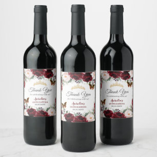 Burgundy Blush Floral Quinceañera Butterflies Gold Wine Label