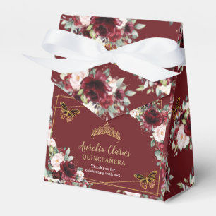 Burgundy Blush Floral Quinceañera Butterfly Tiara Favor Boxes