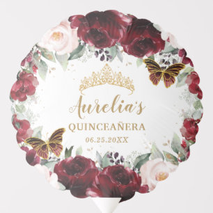 Burgundy Blush Floral Quinceañera Crown Butterfly Balloon