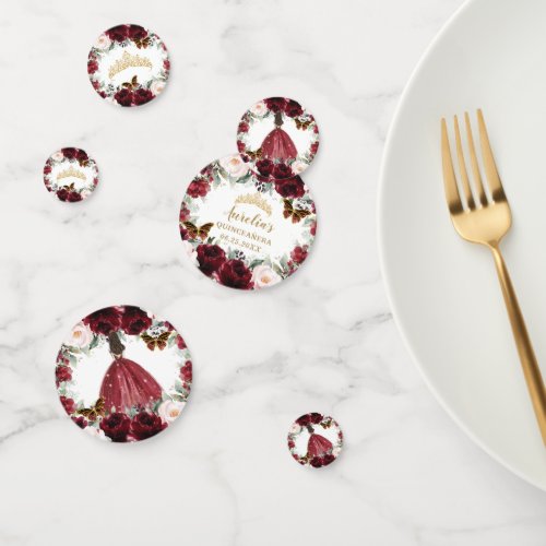 Burgundy Blush Floral Quinceaera Crown Butterfly Confetti