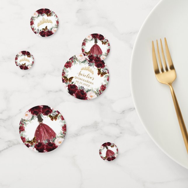 Burgundy Blush Floral Quinceañera Crown Butterfly Confetti (Group)