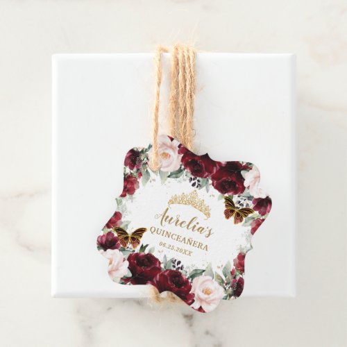 Burgundy Blush Floral Quinceaera Crown Butterfly  Favor Tags