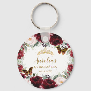 Burgundy Blush Floral Quinceañera Crown Butterfly  Keychain