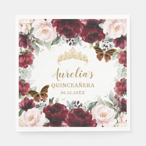 Burgundy Blush Floral Quinceaera Crown Butterfly  Napkins