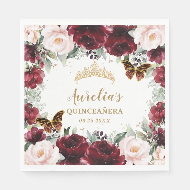Burgundy Blush Floral Quinceañera Crown Butterfly  Napkins (Front)