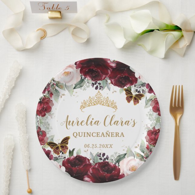 Burgundy Blush Floral Quinceañera Crown Butterfly Paper Plates (Wedding)
