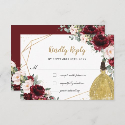 Burgundy Blush Floral Quinceaera Gold Princess  RSVP Card