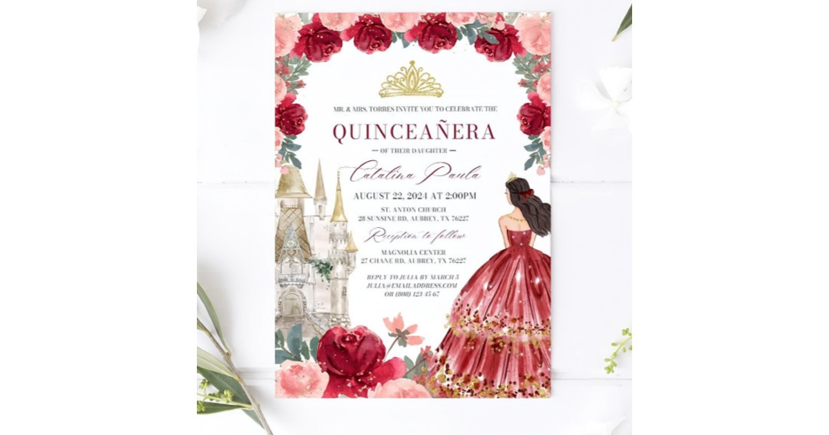 Burgundy Blush Floral Quinceanera Invitatio Red Invitation | Zazzle