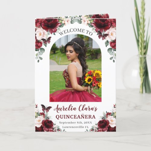 Burgundy Blush Floral Quinceaera Order of Events Program